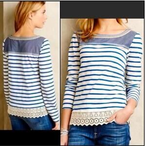 Anthro Little Yellow Button Crochet Lace Chambray stripe Top Sz S long sleeve